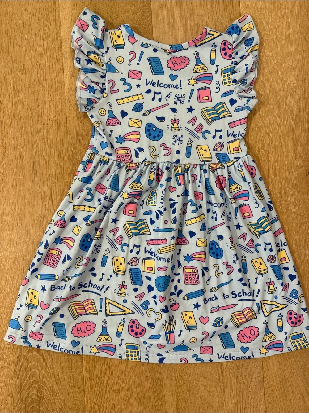 NWOT Girls' Light Blue Back to School Print Flutter-Sleeve Dress size 6-7